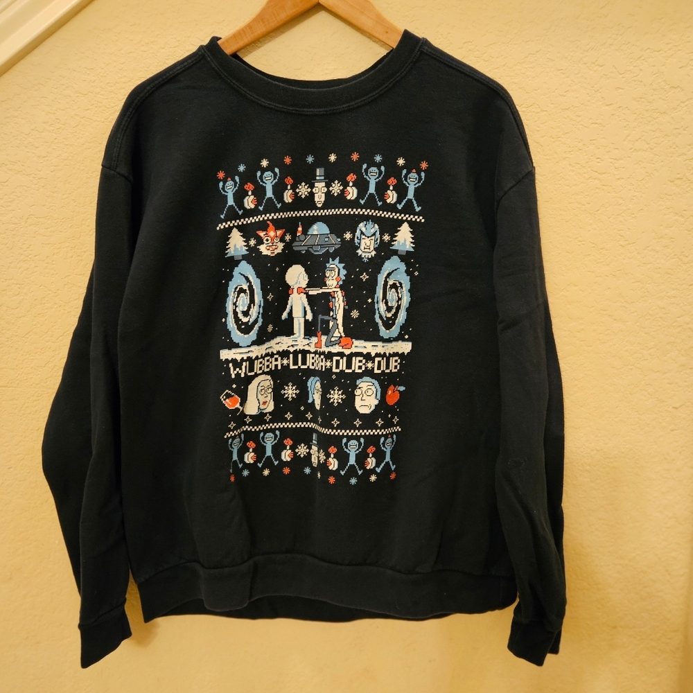 RICK AND MORTY Unisex Sz L Winter Holiday Sweatshirt Navy Blue WubbaDubba DubDub